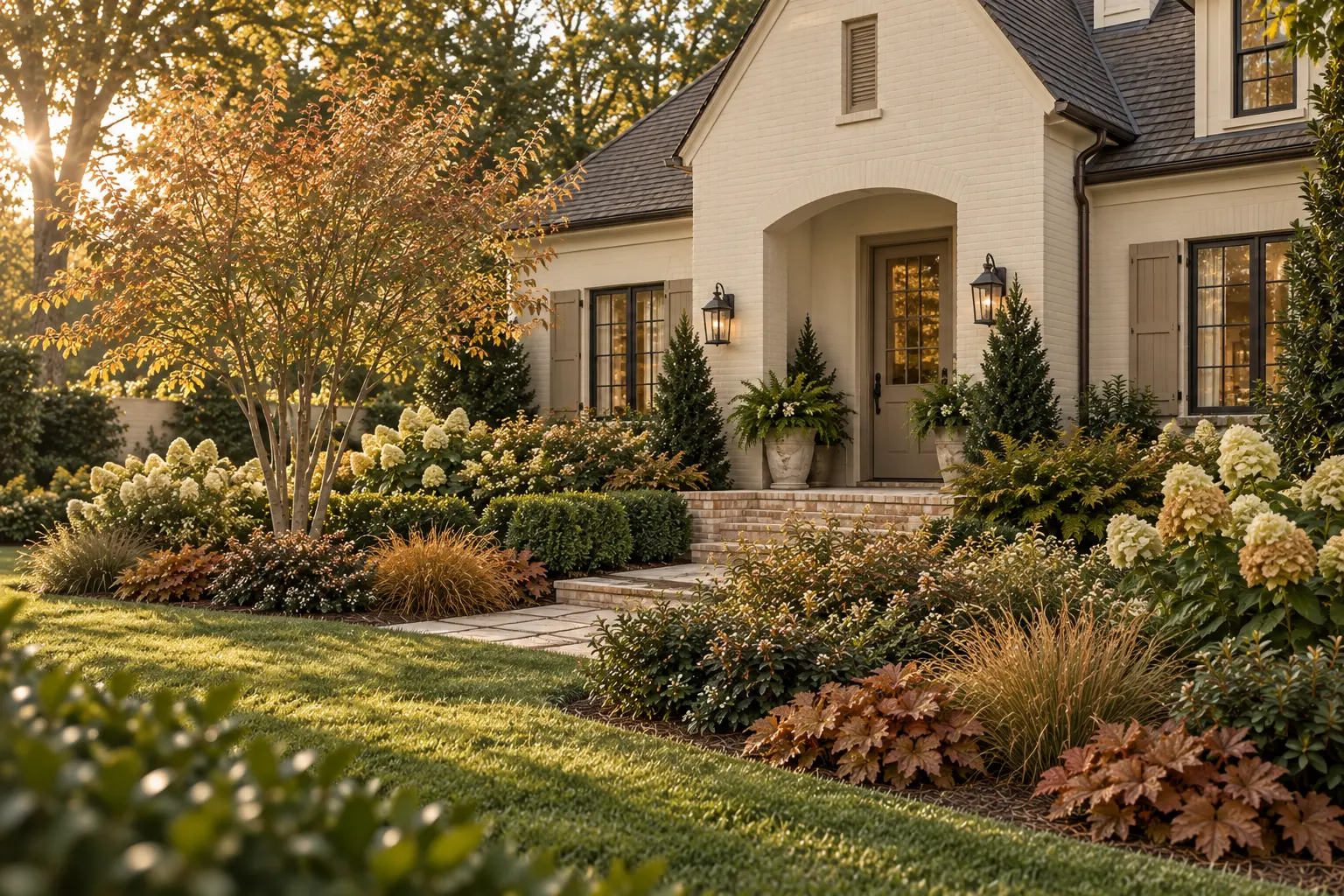 Aesthetic White home with mushroom shutters and taupe door surrounded by serviceberry, cream hydrangea, caramel coral bells, variegated abelia, autumn fern, tawny sedge, and yaupon holly.