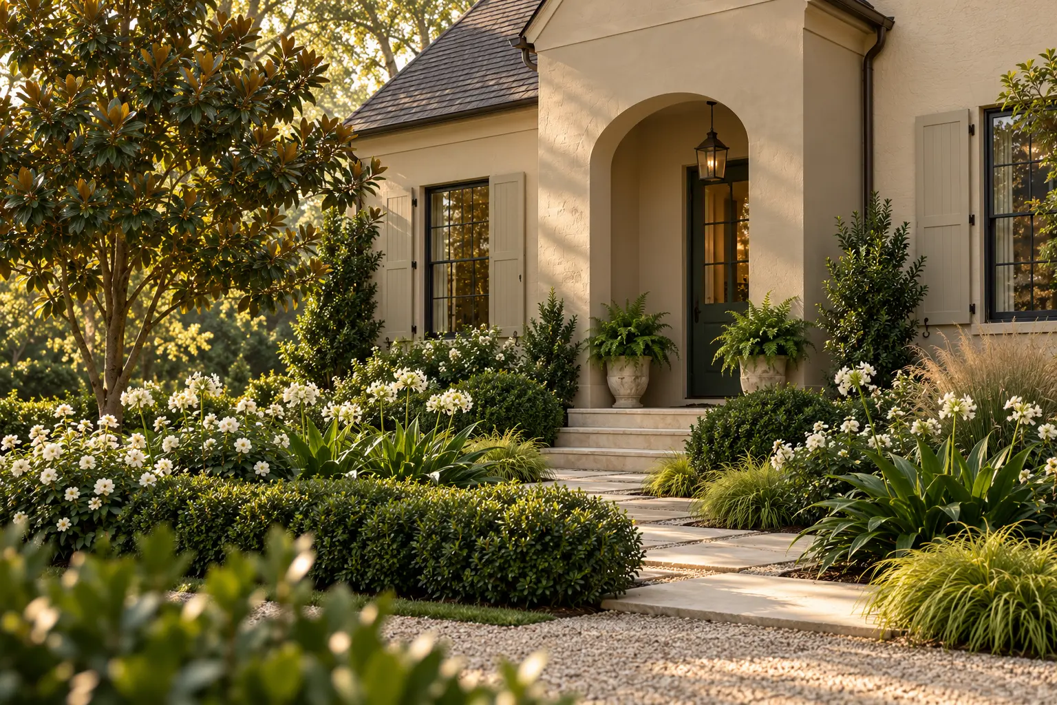 Natural-tan stucco home with sandy shutters and jasper-green door surrounded by Little Gem magnolia, white roses, yaupon holly, white agapanthus, golden sedge, autumn fern, and tawny grass.