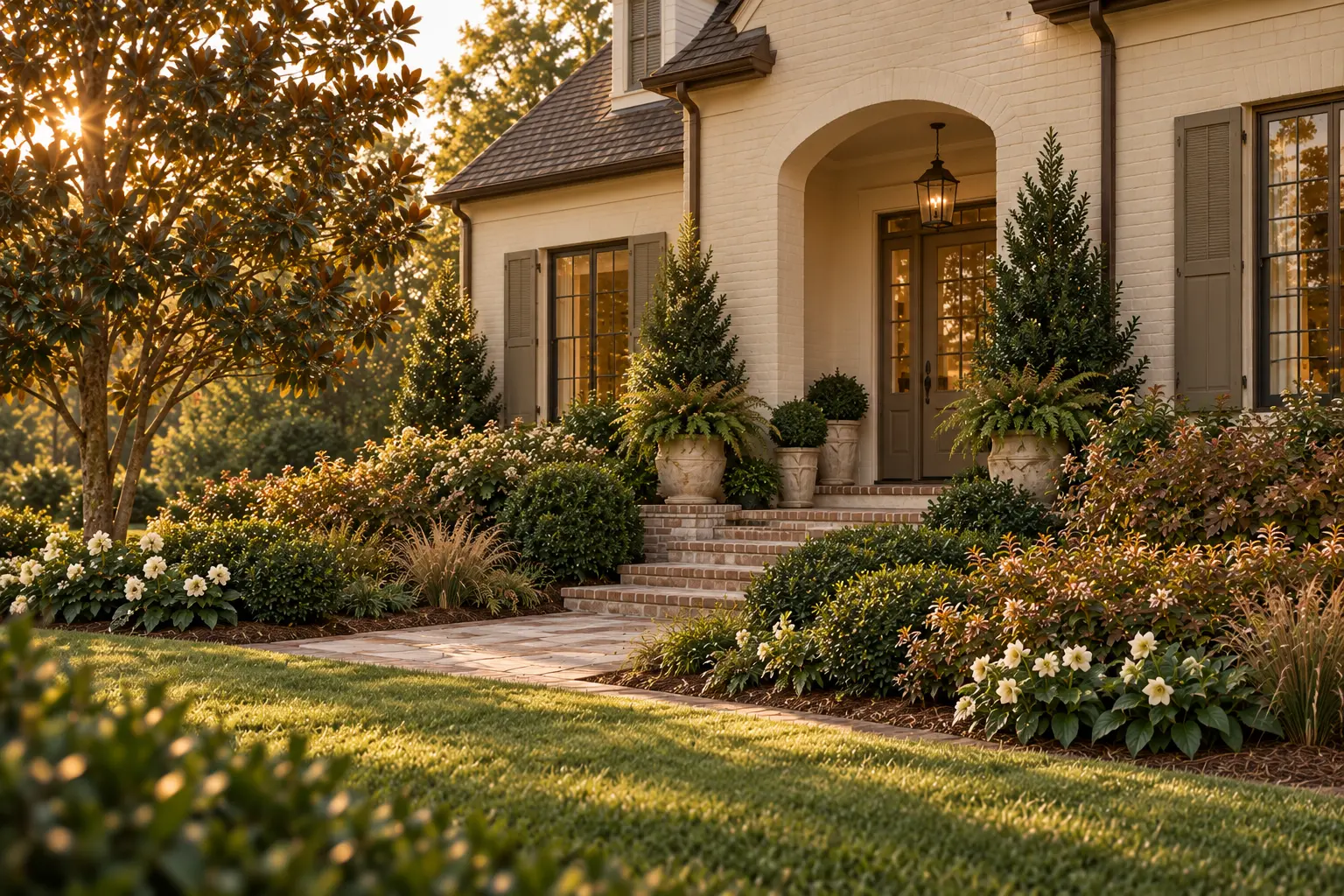 Linen-toned brick home with taupe shutters and tobacco-brown door surrounded by Little Gem magnolia, cream roses, abelia, bronze sedge, autumn fern, yaupon holly, and ivory hellebores.