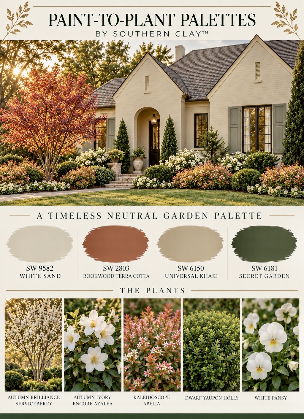 The Rookwood Garden Collection featuring a cream Southern home landscaped with Autumn Brilliance serviceberry, Autumn Ivory Encore azalea, Kaleidoscope abelia, dwarf yaupon holly and white pansies, paired with White Sand, Rookwood Terra Cotta, Universal Khaki and Secret Garden paint colors.