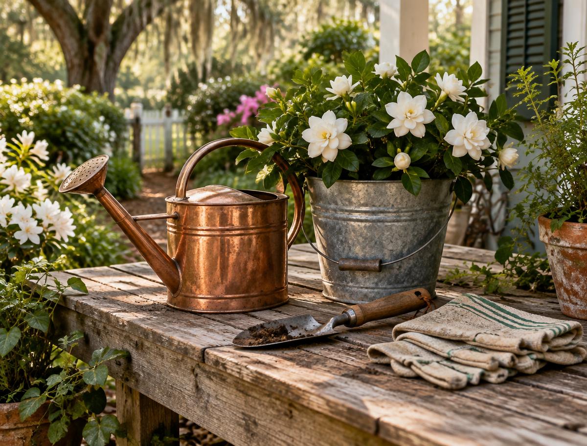 Copper watering can, galvanized pail of white flowers, trowel and folded gloves on a potting bench