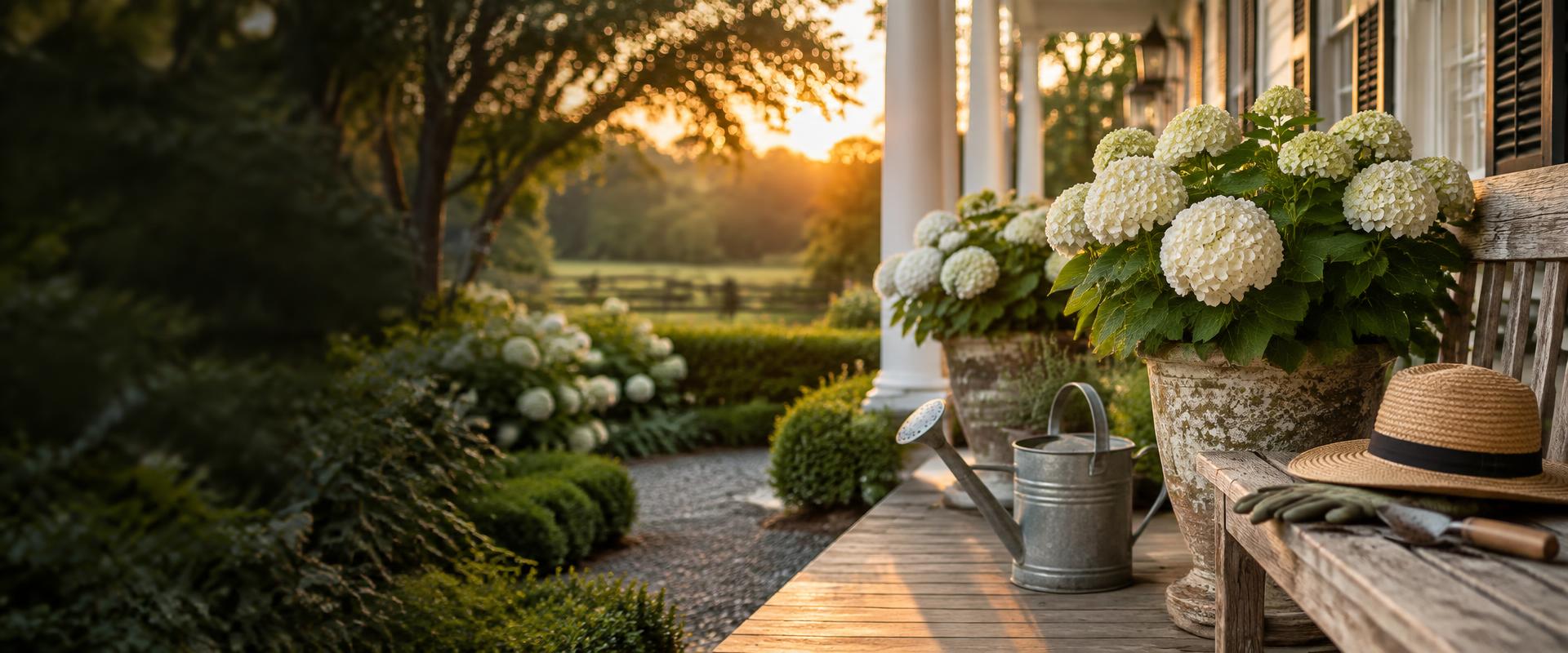 White hydrangeas in stone pots on a Southern porch at sunset, with a watering can, straw hat and garden tools on a wooden bench